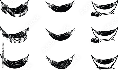Hammock silhouettes vector illustration with fringe, netting, stands, pillows, decorative designs, and cozy outdoor relaxation
