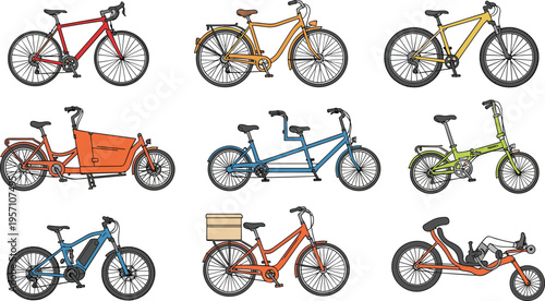 Collection of various bicycle types including road, cargo, tandem, folding and electric bikes in detailed vector illustration isolated on white background for transport design