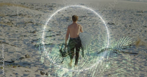 Surfer walking to shore carrying board,scooter motion causing palm-halo ring circling legs surfing