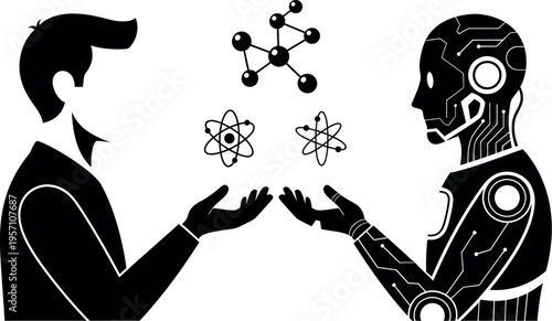 Black and white illustration of a man and a robot exchanging atoms and molecules