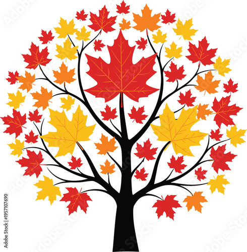 Colorful Autumn Maple Tree Illustration with Vibrant Red Orange and Yellow Falling Leaves on Black Branches Isolated on White Background for Fall Seasonal Design