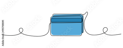 Blue wallet stacked cards resting on white continuous line. no editable strokes