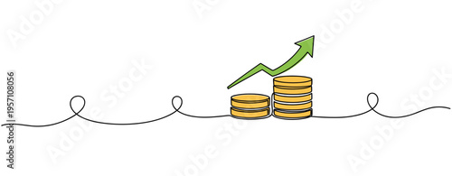 Stacked coins with upward arrow on wavy line. no editable strokes
