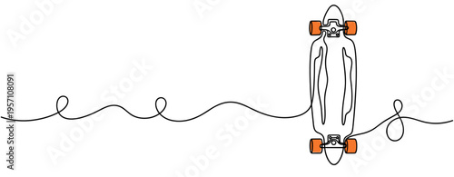 Longboard skateboard rolling along continuous line drawing. no editable strokes