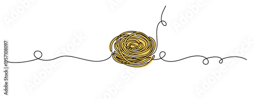 Tangled pasta nest resting on continuous line background. no editable strokes