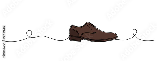 Brown leather shoe resting on continuous line background. no editable strokes