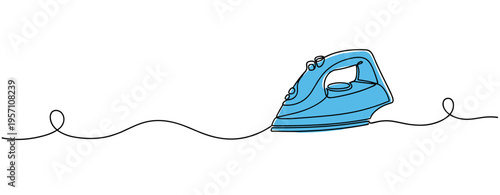 Blue clothes iron resting on minimalist white background. no editable strokes