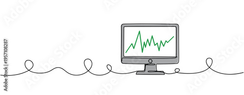 Computer monitor showing rising line chart on continuous line. no editable strokes