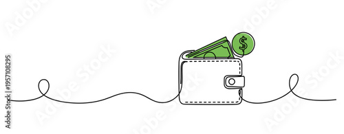 Leather wallet with cash and coin on white background. no editable strokes