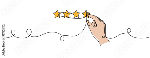 Hand placing five star rating on minimalist white background. no editable strokes
