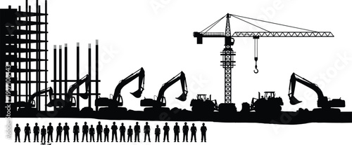 Construction site silhouette featuring tower crane, multiple excavators, and row of workers at building foundation for industrial development, civil engineering, and architectural projects.