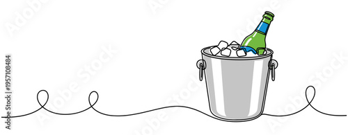 Bottle chilling in ice bucket on continuous line illustration. no editable strokes