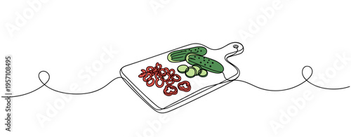 Cutting board with sliced cucumber and tomato on white. no editable strokes