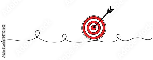 Red target pierced by arrow on minimal continuous line. no editable strokes