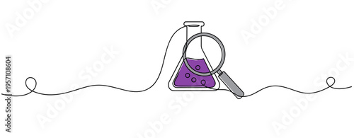 Erlenmeyer flask under magnifying glass on continuous line. no editable strokes
