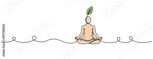 Person meditating with leaf sprout on continuous line. no editable strokes