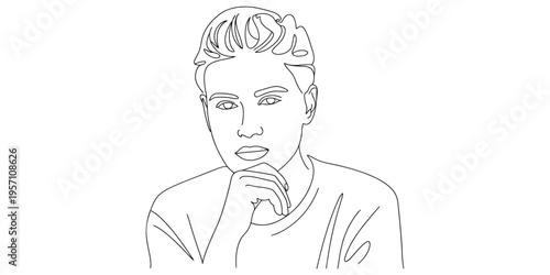 A contemplative young man resting his chin on his hand in a minimalist continuous line drawing