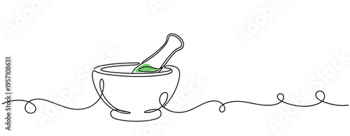 Mortar and pestle mixing green paste on minimal line background. no editable strokes