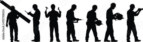 Construction worker silhouettes collection featuring male builders with tools like hammers, saws, and drills for industrial projects, carpentry, renovation, and engineering design concepts.vvvv
