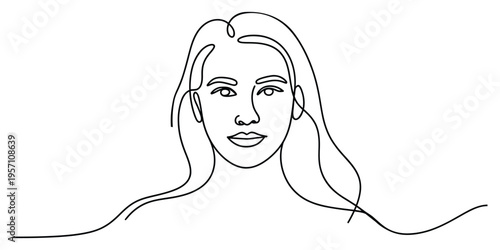 Minimalist continuous line drawing of a young woman with long hair looking straight ahead calmly