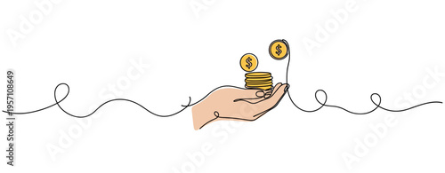 Hand holding stack of coins above continuous line on white. no editable strokes
