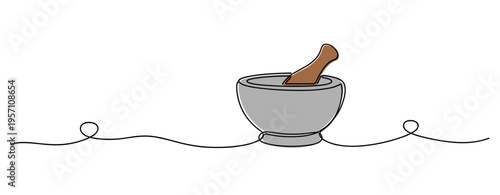 Mortar and pestle used for grinding herbs in kitchen setting. no editable strokes