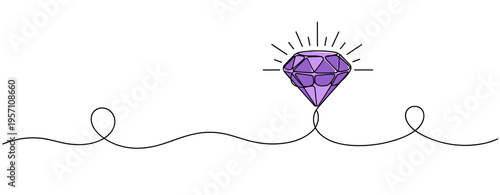 Purple gemstone sparkling on white background with line. no editable strokes