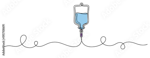 Intravenous bag dripping fluid in continuous line illustration. no editable strokes