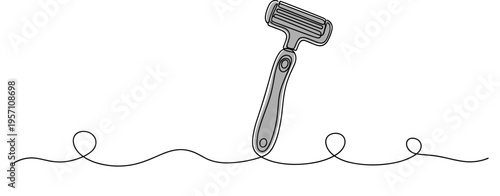 Disposable razor positioned above wavy continuous line surface. no editable strokes