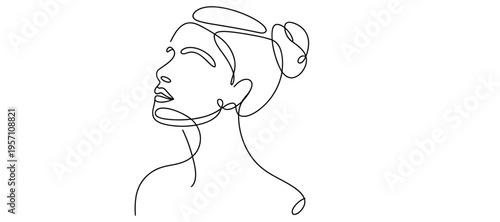 A minimalist single line drawing of a woman with an elegant bun hairstyle looking upwards calmly