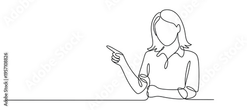 A single continuous line drawing of a young woman pointing her finger towards the empty copy space