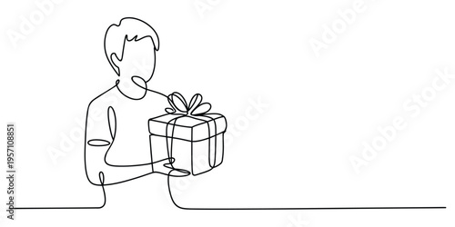 A young man holding a wrapped gift box in a continuous line drawing style for holiday celebration