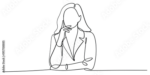 Continuous line drawing of a thoughtful businesswoman resting her chin on her hand in a blazer