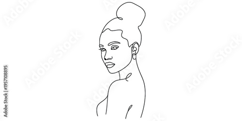 Minimalist single continuous line drawing of a beautiful woman with hair styled in a high bun