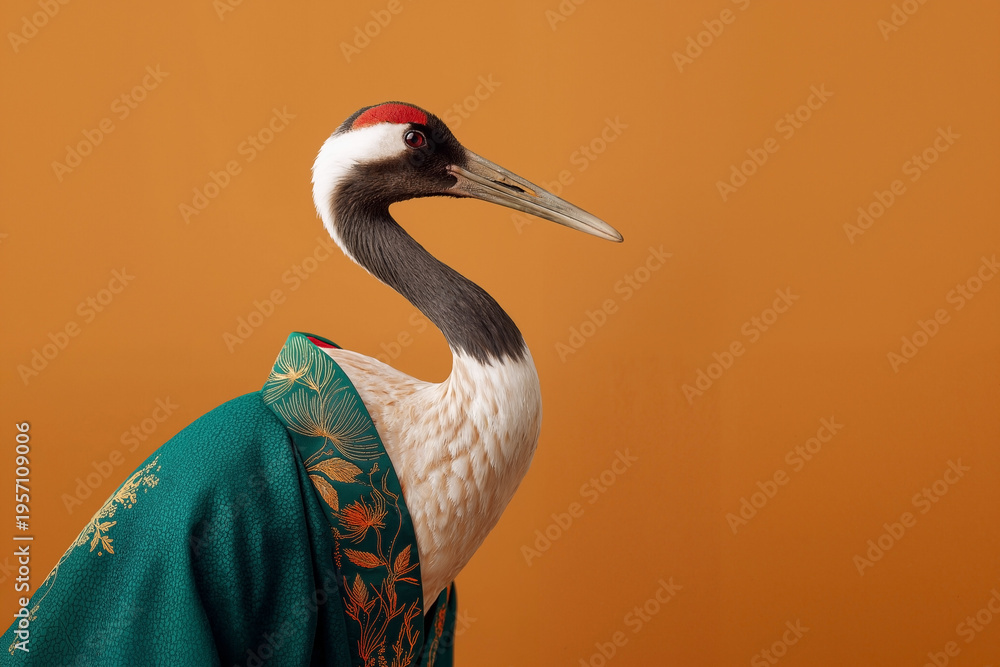 Fototapeta premium Red-crowned crane wearing a traditional green kimono with gold embroidery, surreal conceptual portrait with a minimalist orange background, Japanese heritage art style.