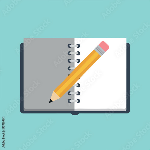 Flat design illustration of an open spiral notebook with a yellow pencil on a blank page, set against a teal background.