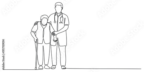 A single continuous line drawing of a caring doctor helping an elderly patient with a walking cane