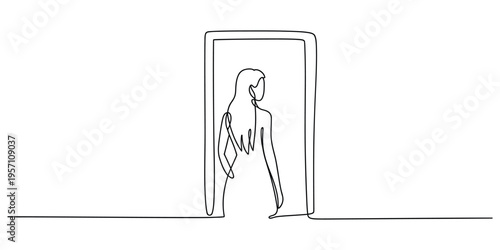 A continuous line drawing of a woman standing in a doorway looking towards the right side view