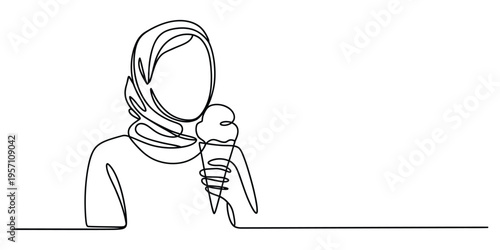 Continuous line drawing of a young woman wearing a hijab while enjoying a delicious ice cream cone