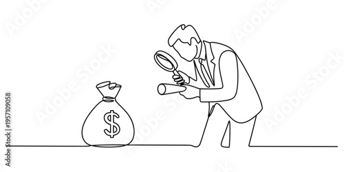 A business professional examining a money bag with a magnifying glass in a continuous line style
