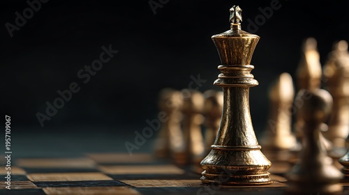 A close-up view of a chessboard with a gold queen piece standing prominently in the foreground.