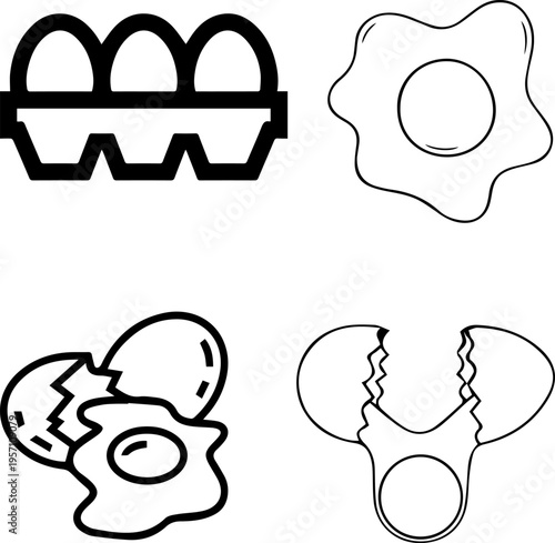 Chicken Egg and Fried Egg Vector Line Icon Set in Carton and Cracked Shell