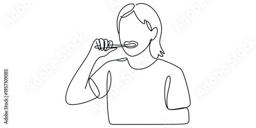 Continuous line drawing of a person brushing their teeth during a daily morning hygiene routine