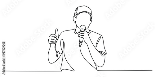 Continuous line drawing of a young man wearing a baseball cap holding a microphone and gesturing