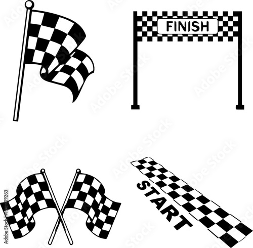 Racing Checkered Flags and Finish Line Icons Set, Motorsports Start and Finish Signs with Crossed Flags and Gate Vector Illustrations