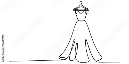 Continuous single line drawing of an elegant long evening dress hanging on a wooden clothes hanger