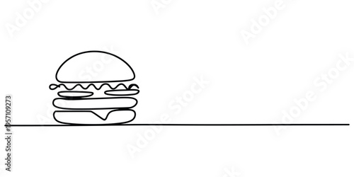 A single continuous line drawing of a delicious beef hamburger with bun and fresh ingredients