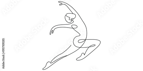 Continuous single line drawing of a graceful ballet dancer performing a dynamic leap in the air