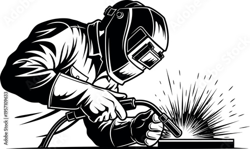 Black and white illustration of a welder working on a metal piece