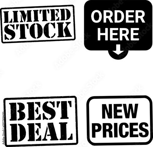 Sale and Promotion Rubber Stamp Icons Set, Marketing Labels for E-commerce with Limited Stock, Best Deal, and Order Here Signs